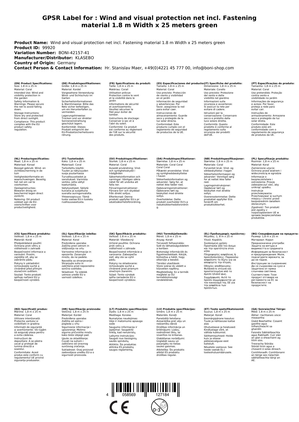 Wind- u. Sichtschutznetz inkl. Befestigungsmaterial 1,8 m Breite x 25 Meter grüne Kordel