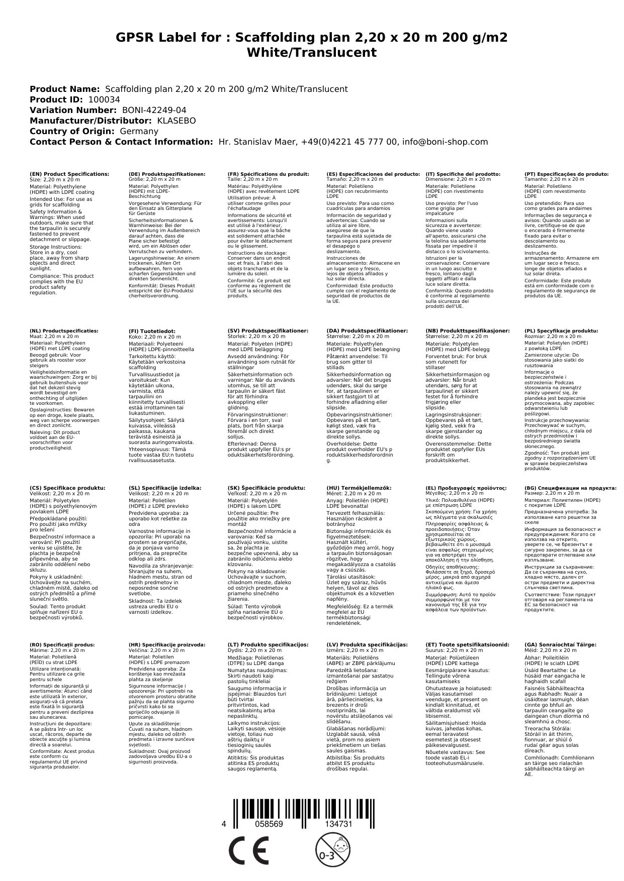 Gitterplane für Gerüste 2,20 x 20 m 200 g/m² Weiss/Transluzent