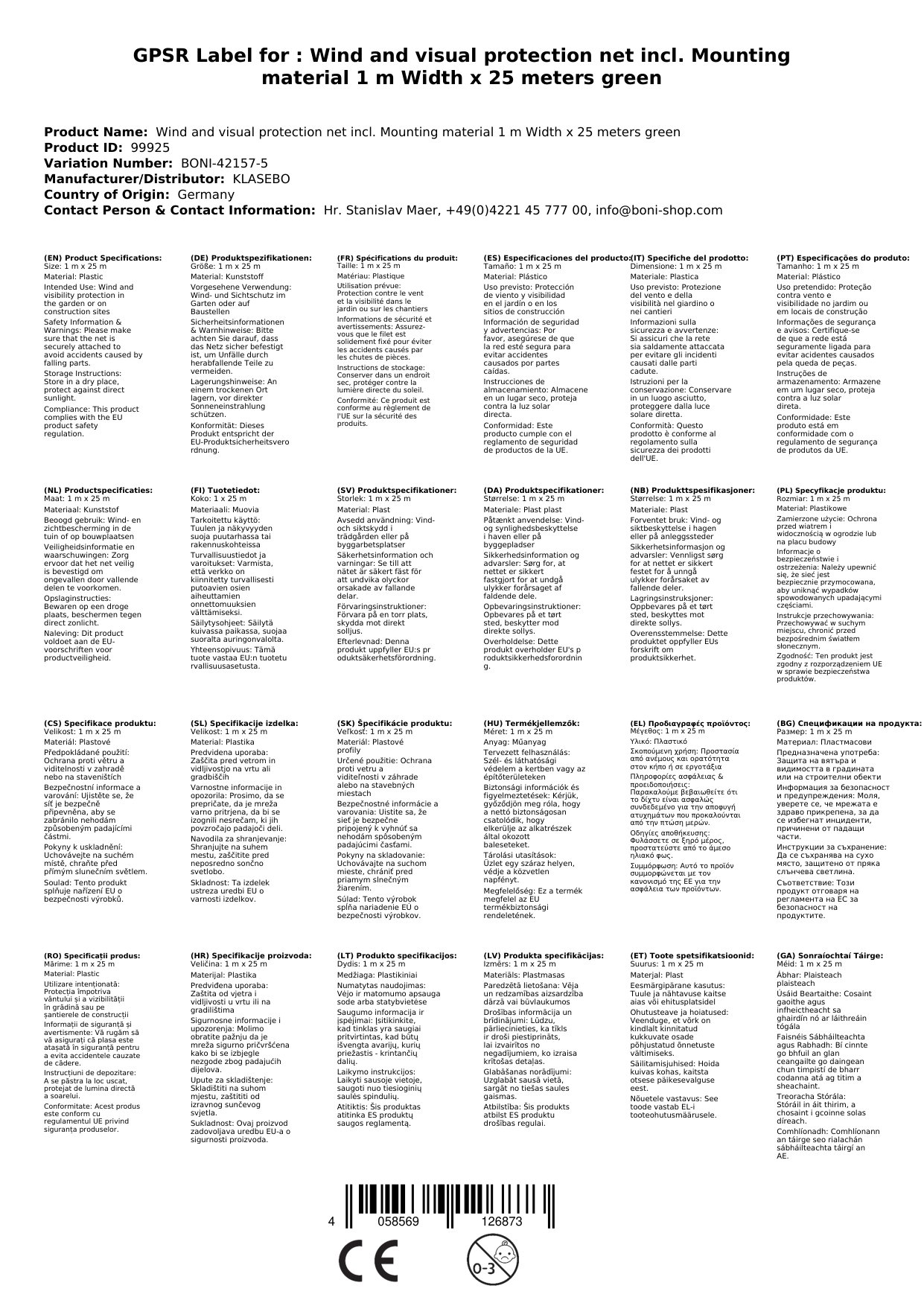 Wind- u. Sichtschutznetz inkl. Befestigungsmaterial 1 m Breite x 25 Meter grüne Kordel