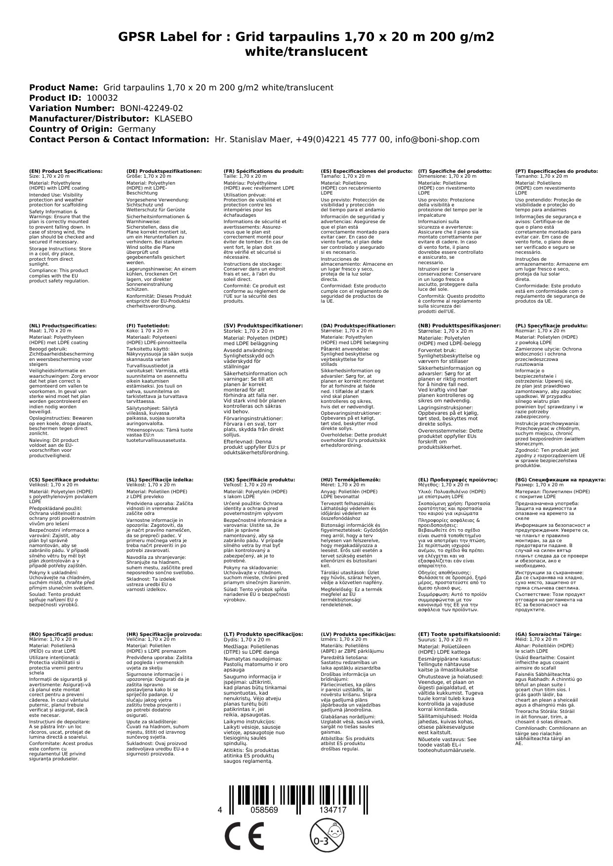 Gitterplane für Gerüste 1,70 x 20 m 200 g/m² Weiss/Transluzent