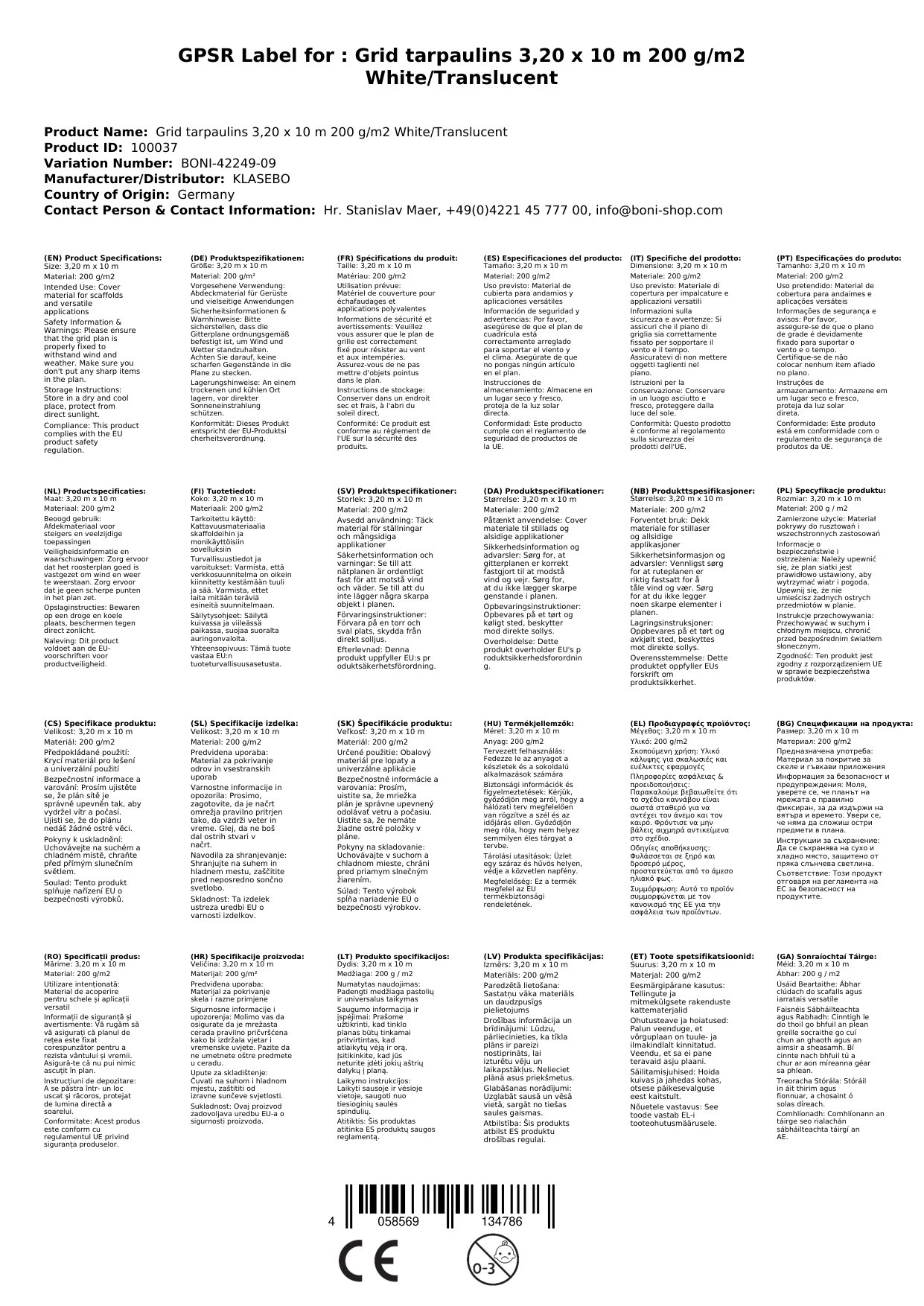 Gitterplane für Gerüste 3,20 x 10 m 200 g/m² Weiss/Transluzent