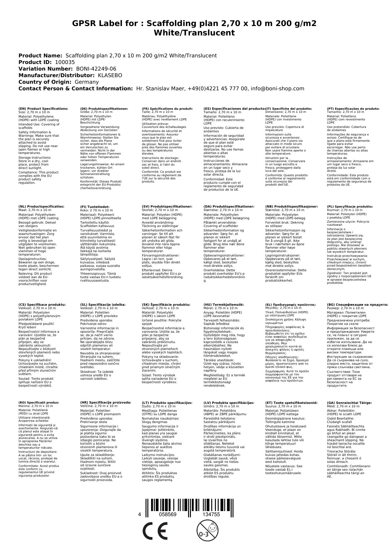 Gitterplane für Gerüste 2,70 x 10 m 200 g/m² Weiss/Transluzent