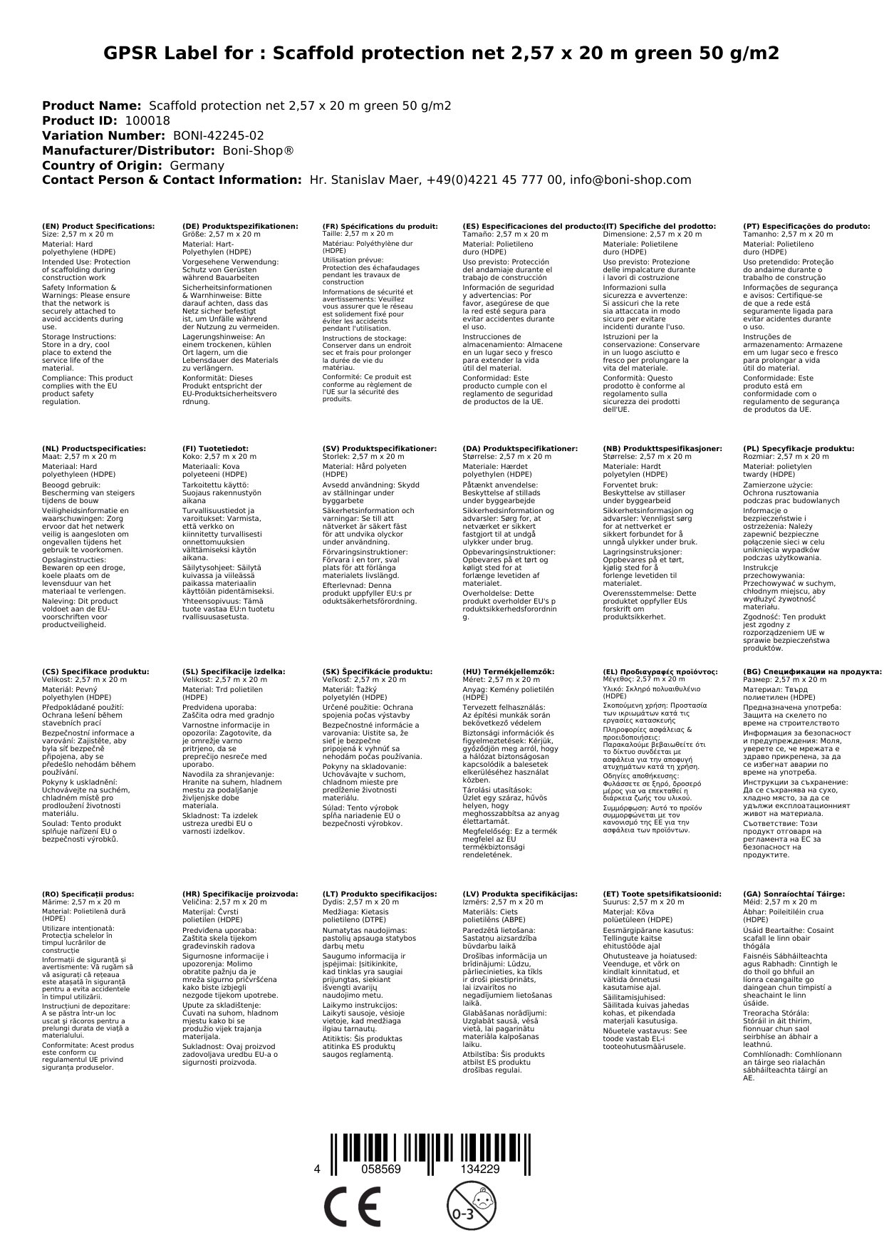 Gerüstschutznetz 2,57 x 20 m grün 50 g/m²