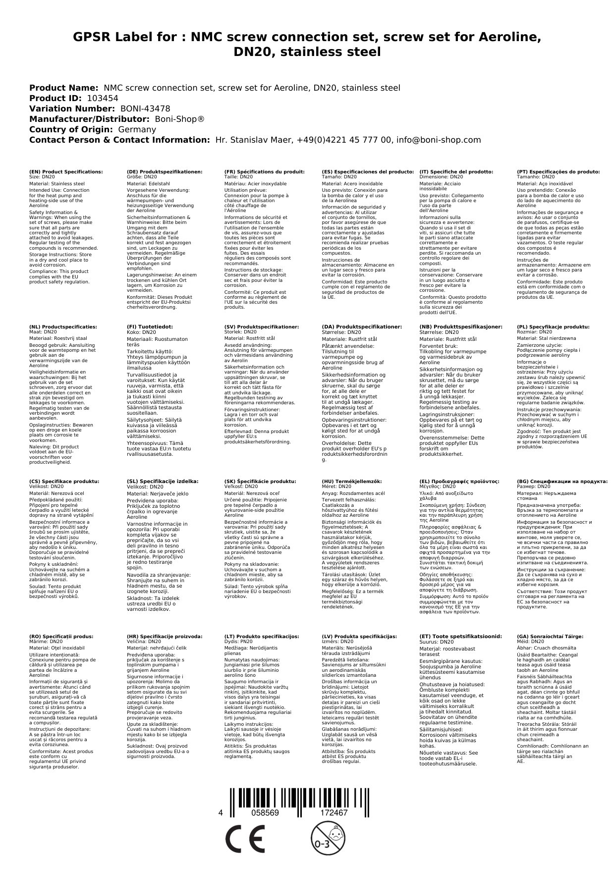 NMC Verschraubung set, Schraubensatz für Aeroline, DN20, Edelstahl