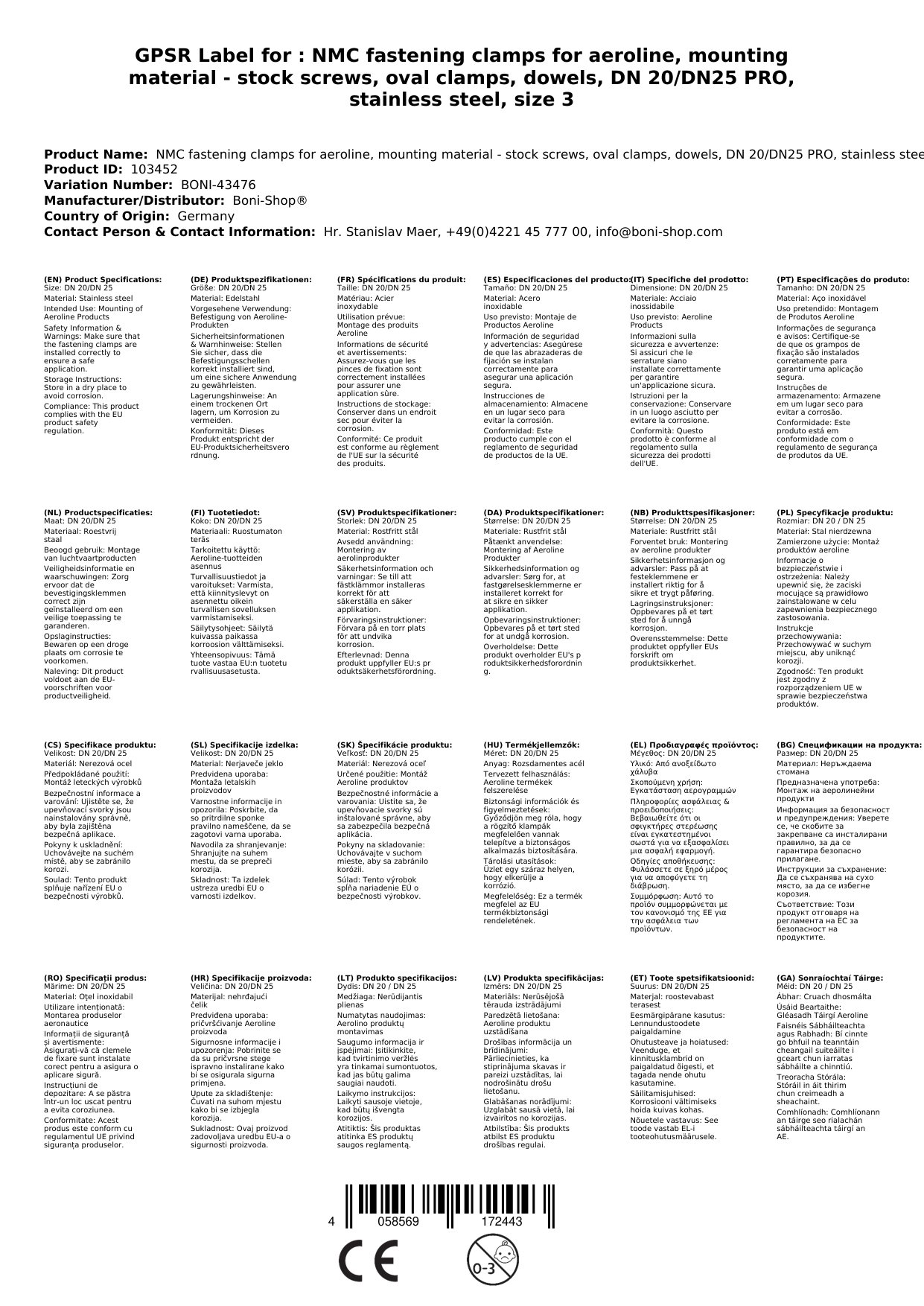 NMC Befestigungsschellen für Aeroline, Montagematerial - Stockschrauben, Ovalschellen, Dübel, DN 20/DN25 PRO, Edelstahl, Größe 3