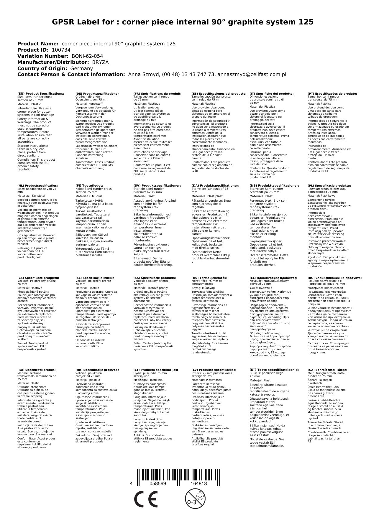 Eckstück Innen 90° graphit System 125