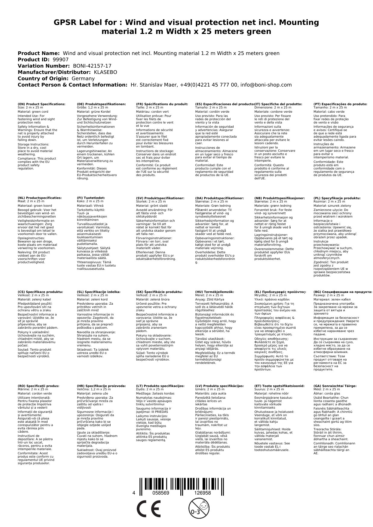 Wind- u. Sichtschutznetz inkl. Befestigungsmaterial 1,2 m Breite x 25 Meter grüne Kordel