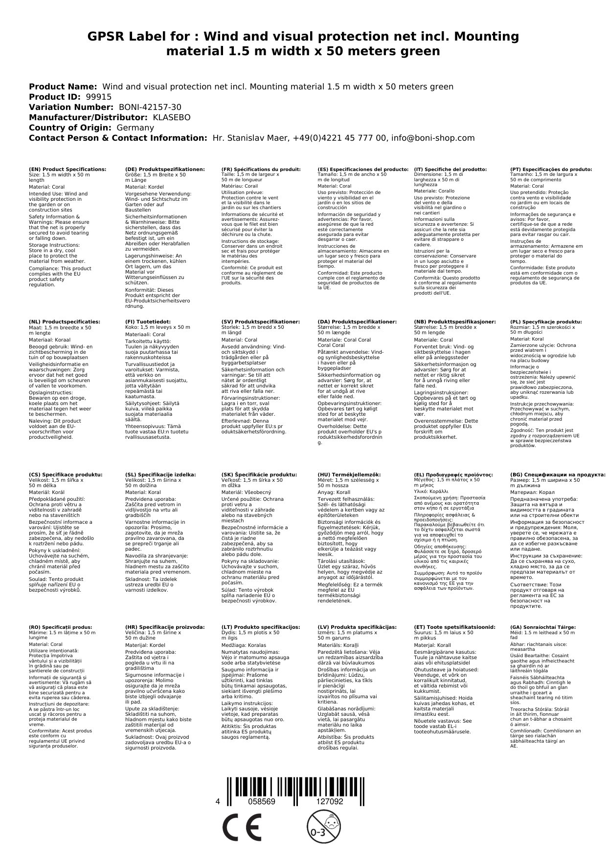 Wind- u. Sichtschutznetz inkl. Befestigungsmaterial 1,5 m Breite x 50 Meter grüne Kordel