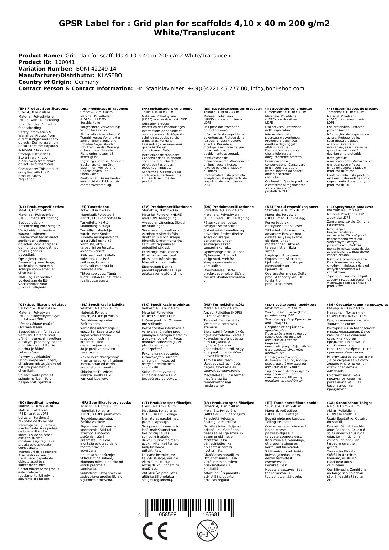 Gitterplane für Gerüste 4,10 x 40 m 200 g/m² Weiss/Transluzent