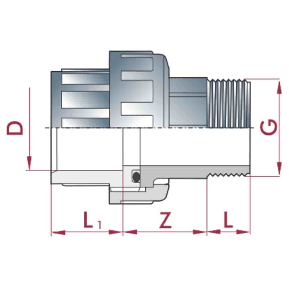 PVC - U Verschraubung Klebemuffe x AG 50 mm x 1 1/2"