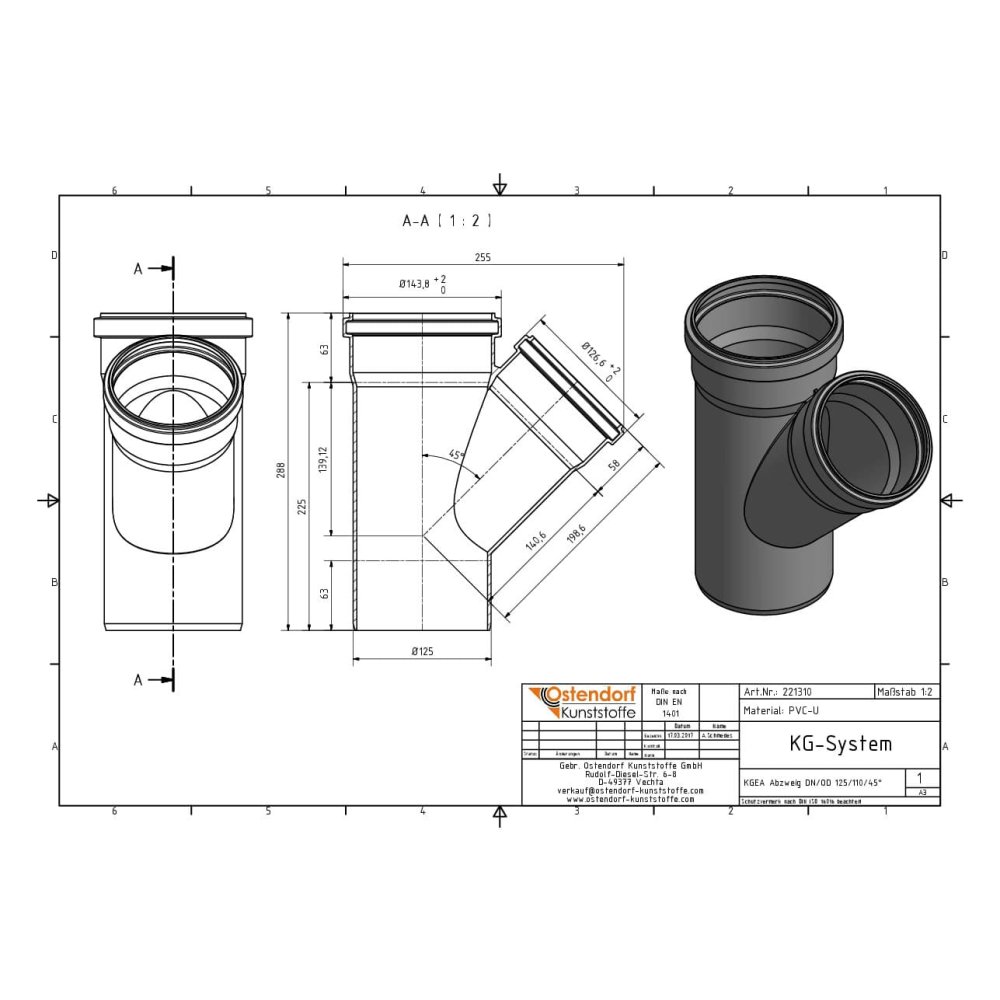 KGEA Abzweig DN/OD 125/110   45 Grad