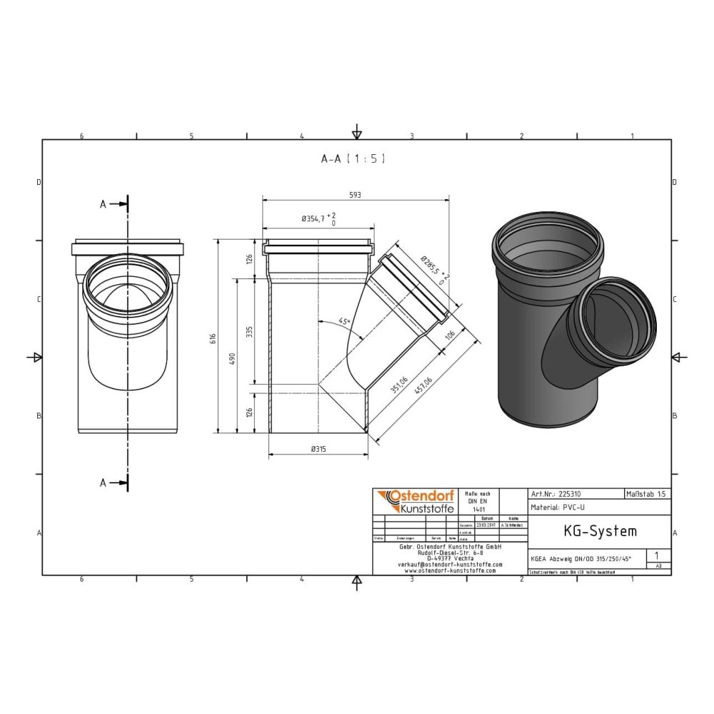 KGEA Abzweig DN/OD 315/250   45 Grad