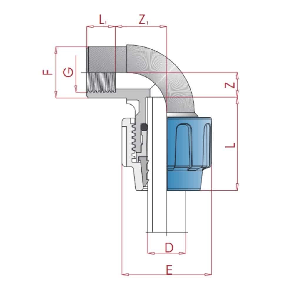 PP PE Rohr Verschraubung 90° Winkel 16 x 1/2" IG