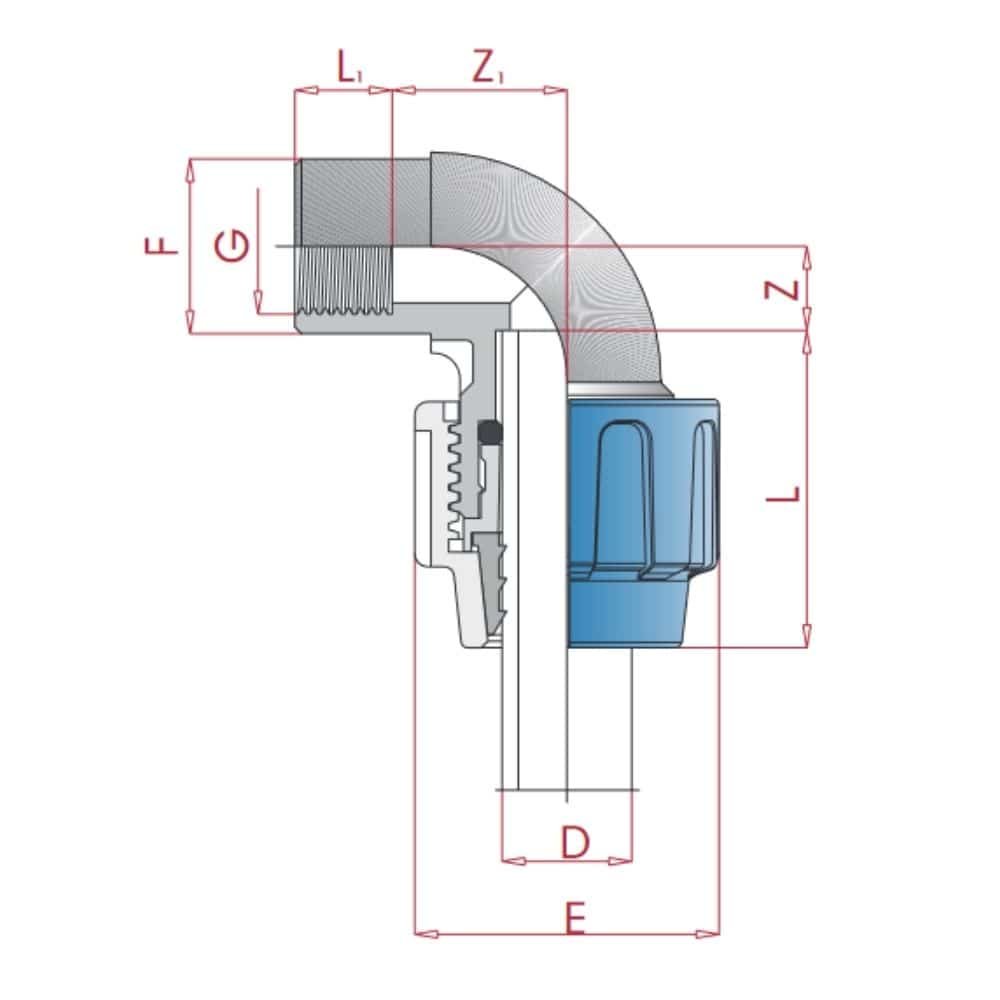 PP PE Rohr Verschraubung 90° Winkel 20 x 1/2" IG