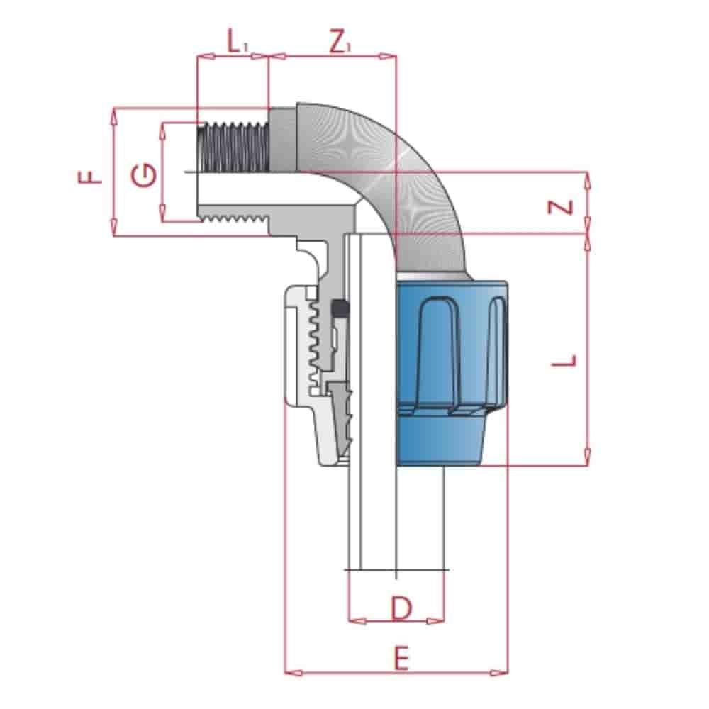 PP PE Rohr Verschraubung 90° Winkel 20 x 3/4" AG