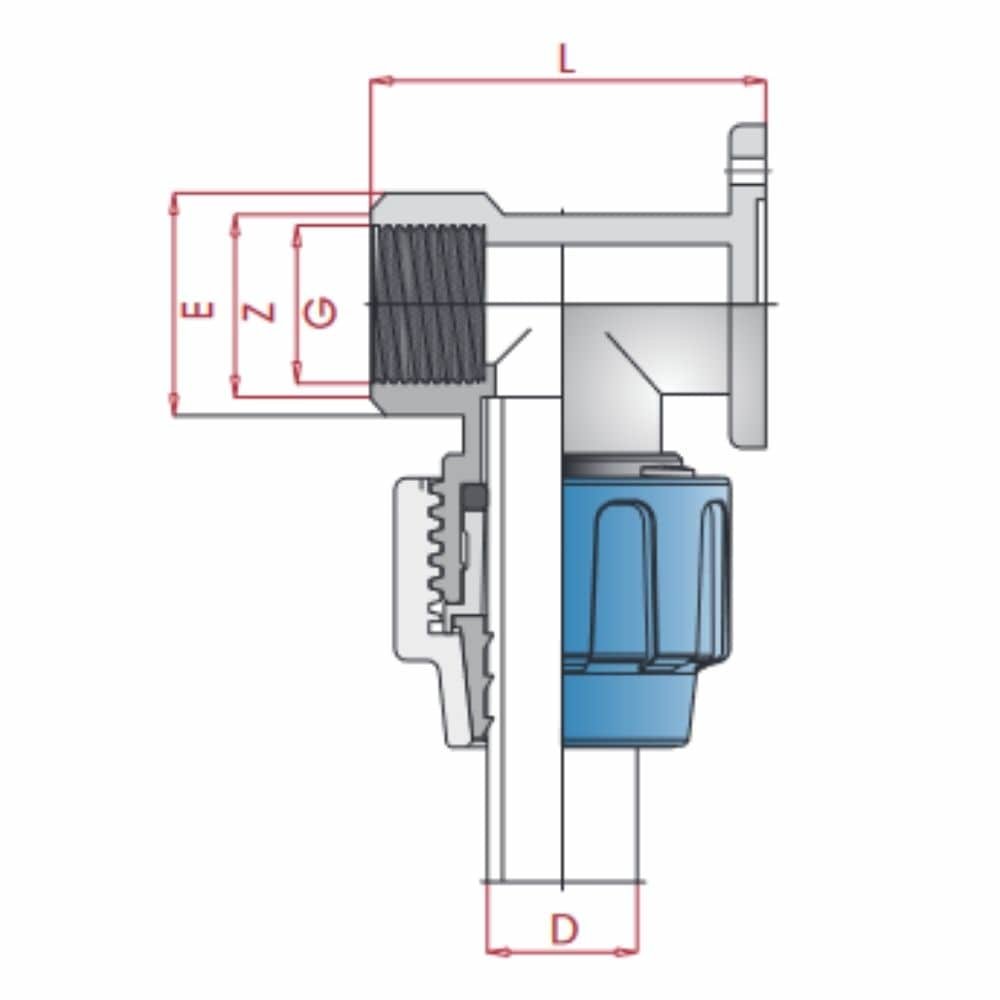 PP PE Rohr Verschraubung 90° Wandhalterung 25 x 3/4" IG