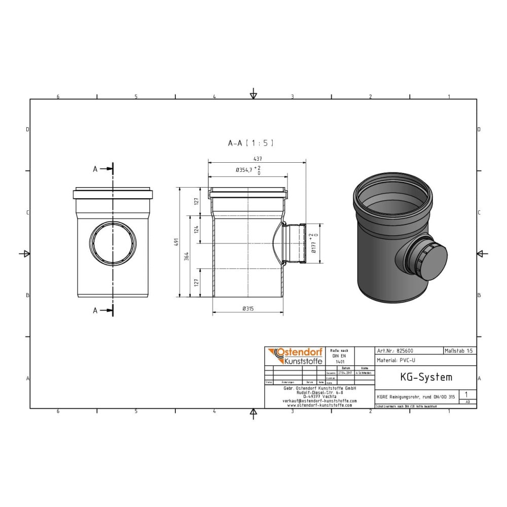 KGRE Reinigungsrohr DN/OD 315 mit runden Deckel