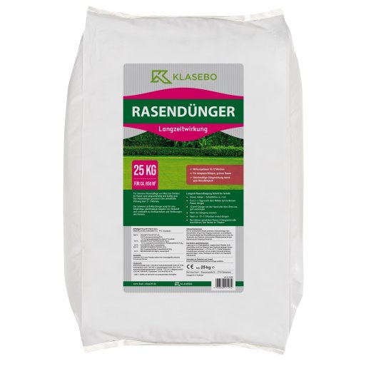 Rasendünger, Nährstoffe für rasen, Grasdünger - Langzeitdünger, als Blendgranulat im neutralen 20+5+8, weißen 25 kg Sack, mit Klasebo Etikett 25 kg
