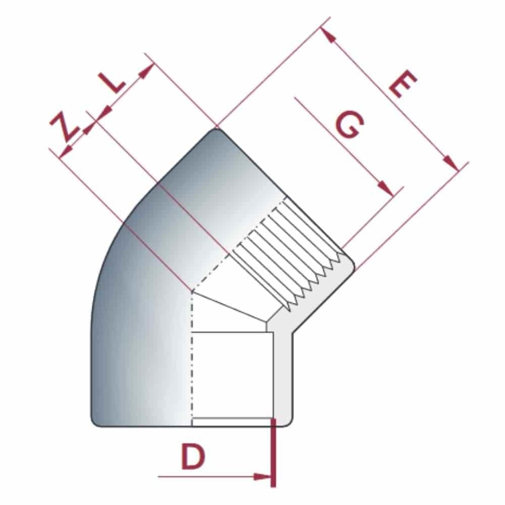 PVC - U 45° Winkel Muffe x IG 25 mm x 3/4" PN10