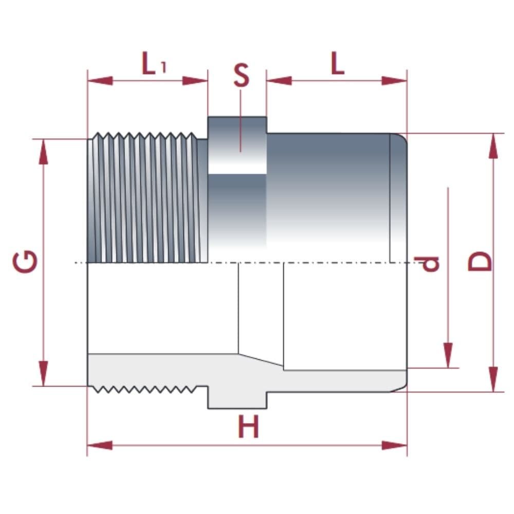 PVC-U Übergang Muffe x AG 50-40mm x 1 1/2" PN10